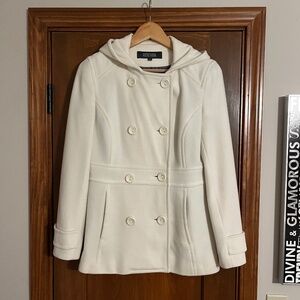 Kenneth Cole Reaction Hooded Double Breasted Coat in Cream